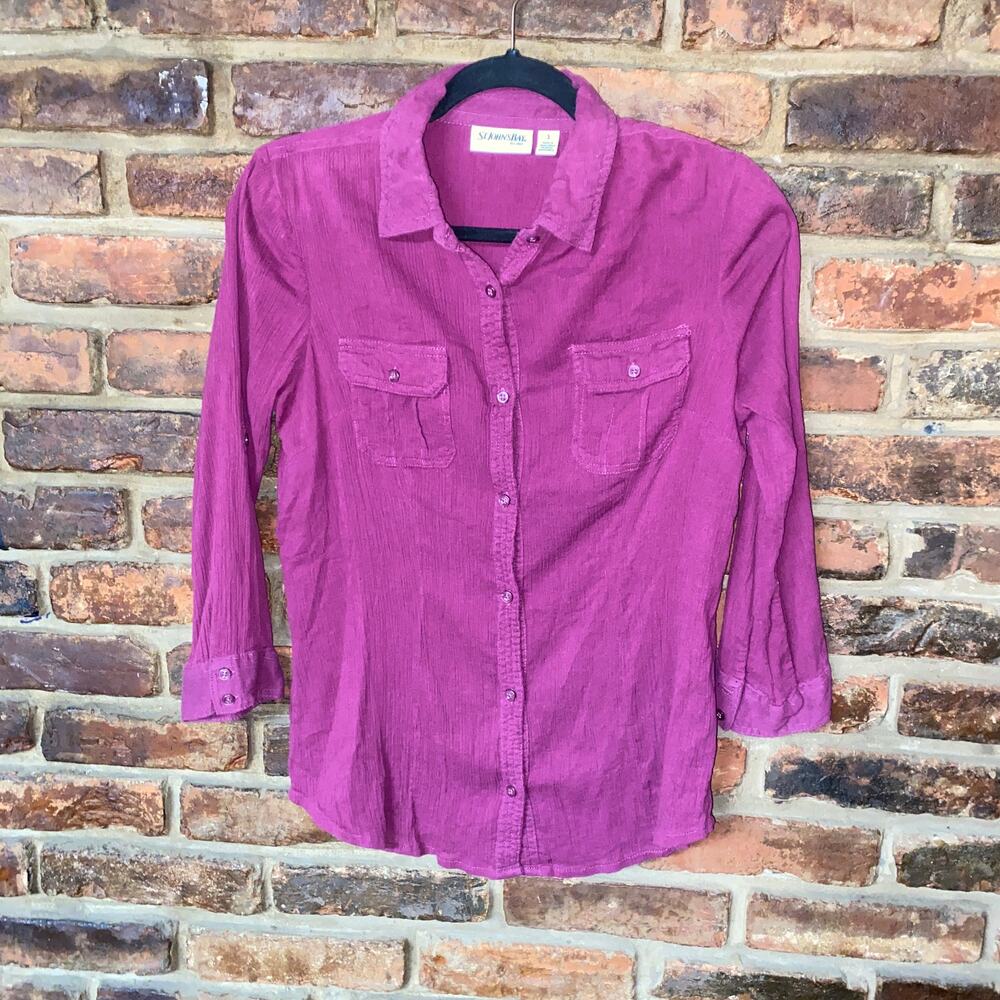 St. John's Bay Violet Purple Long Sleeve Button Down Crinkle Shirt Size Small